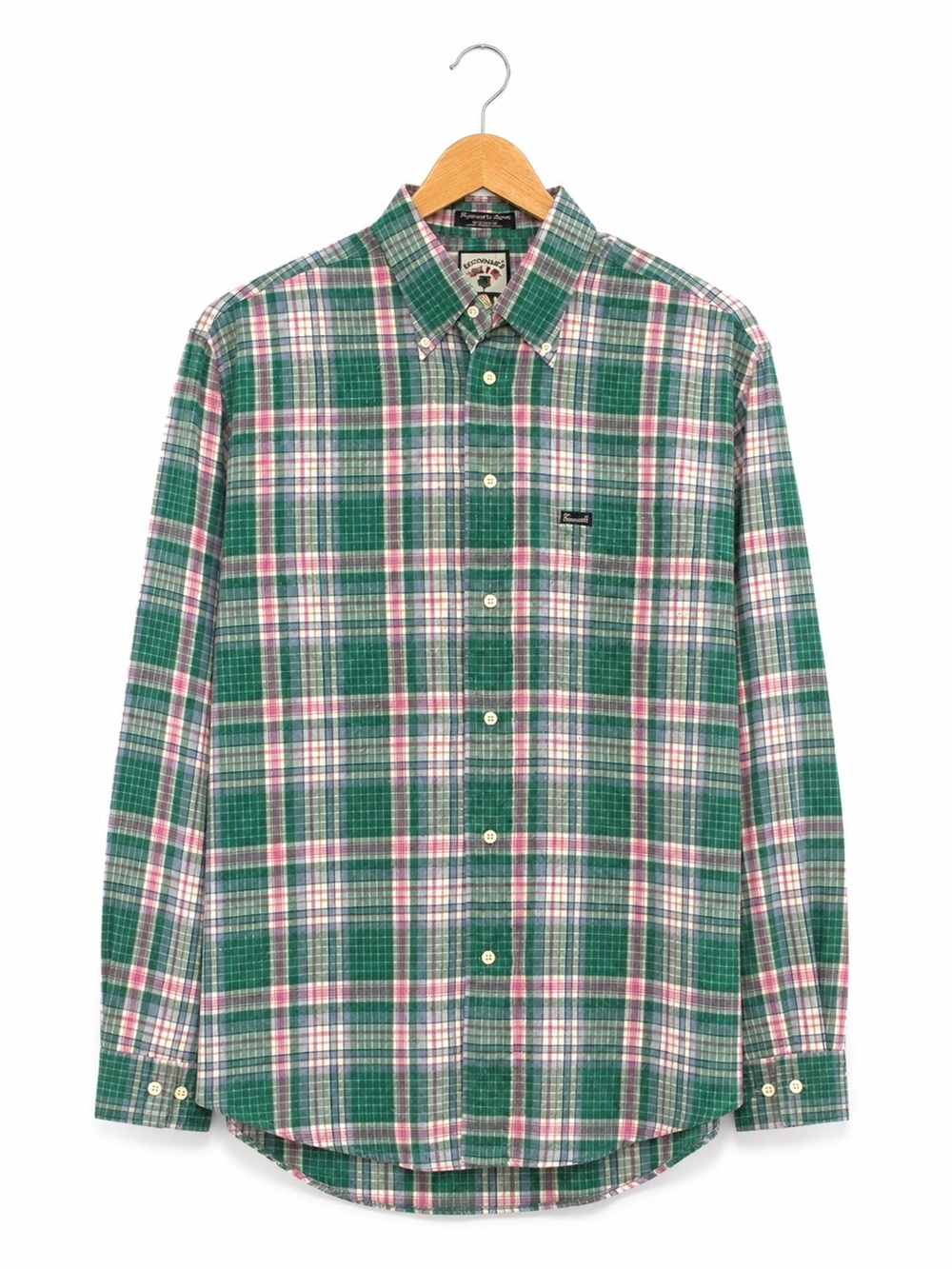 VTG 90 Façonnable Mens M Green Pink Madras Plaid Button Down shirt Mediterranean